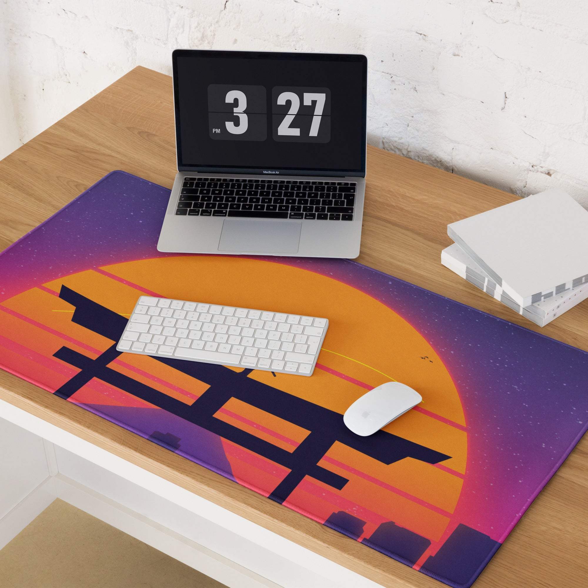 Vibrant retro sunset neon torii gate large gaming mouse pad