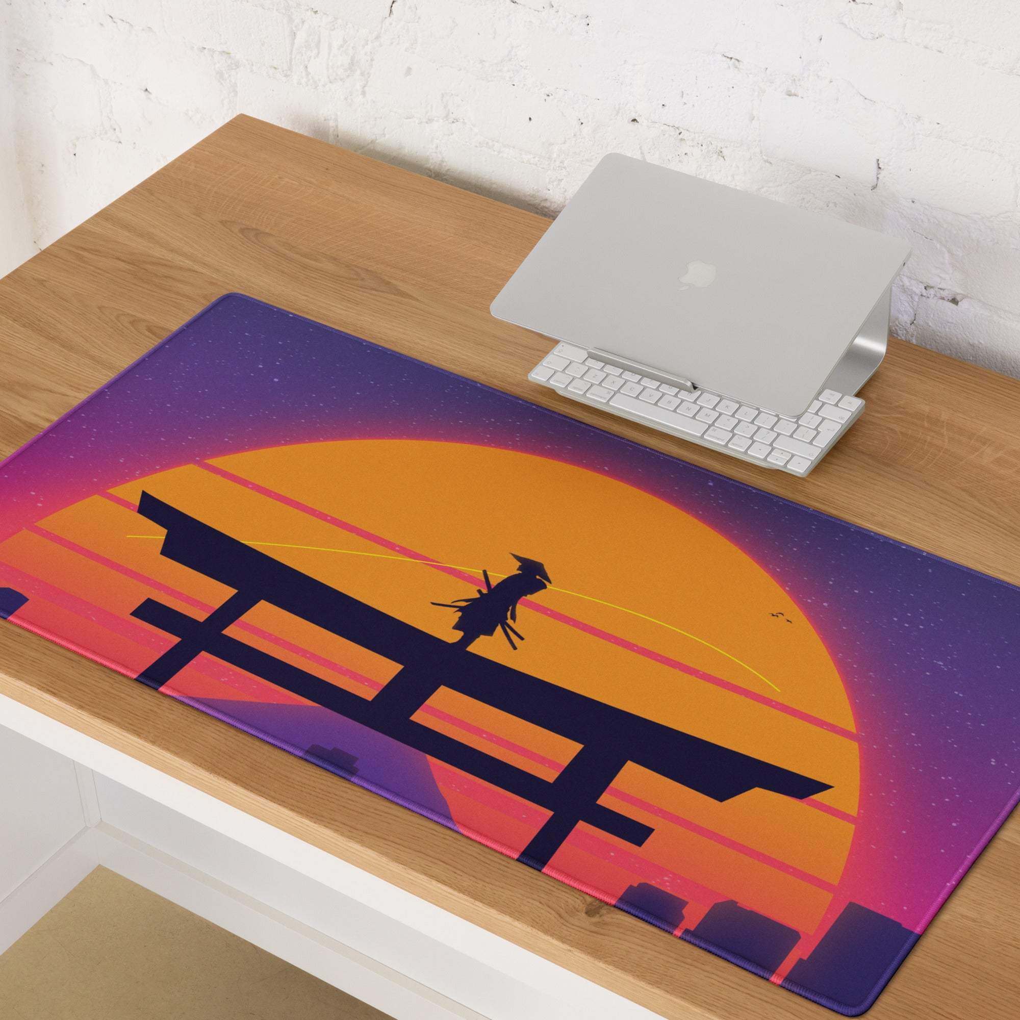 Vibrant retro Sunset Neon Torii Gate samurai mouse pad, large non-slip stitched