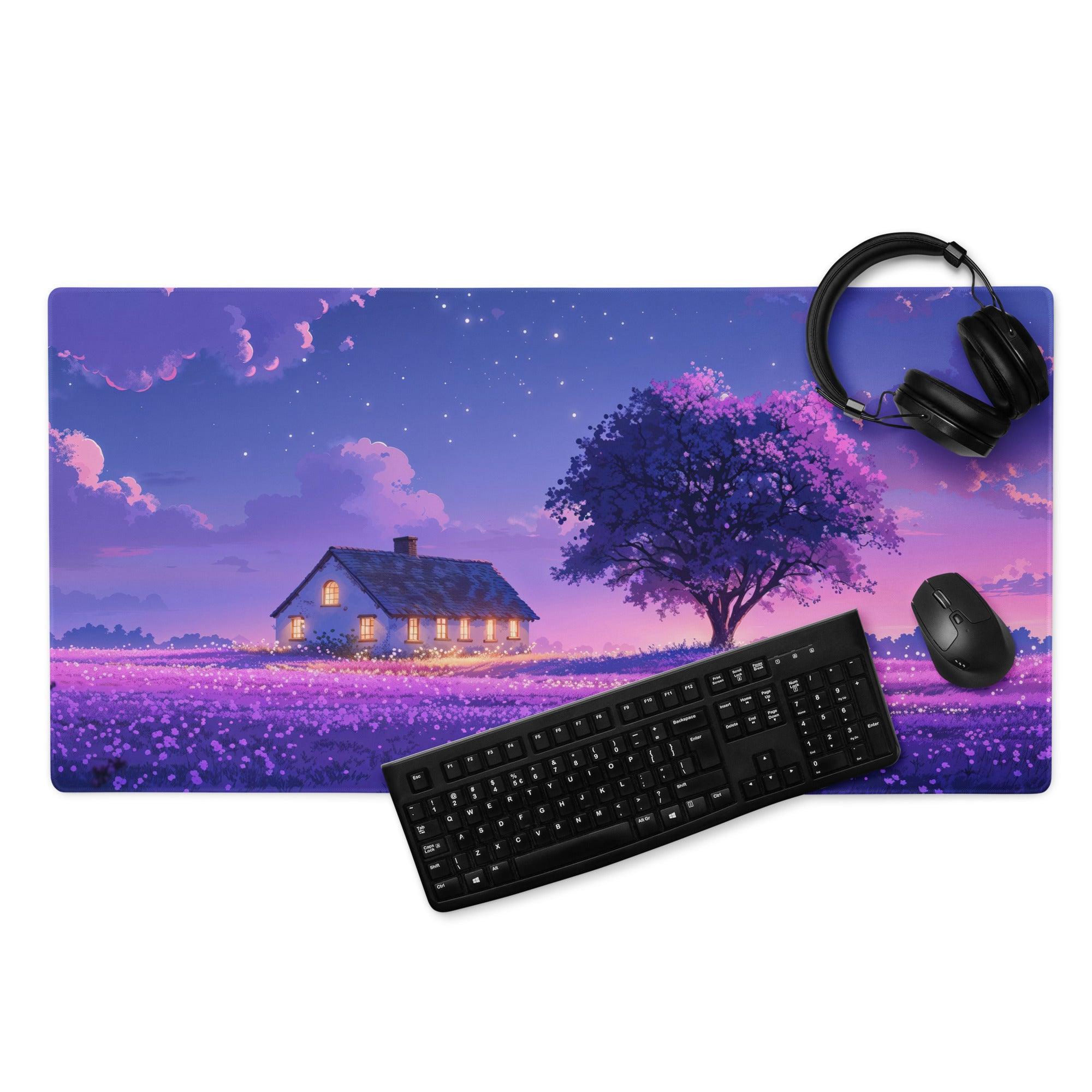 Dreamy purple lavender field night scene gaming mouse pad with cozy cottage