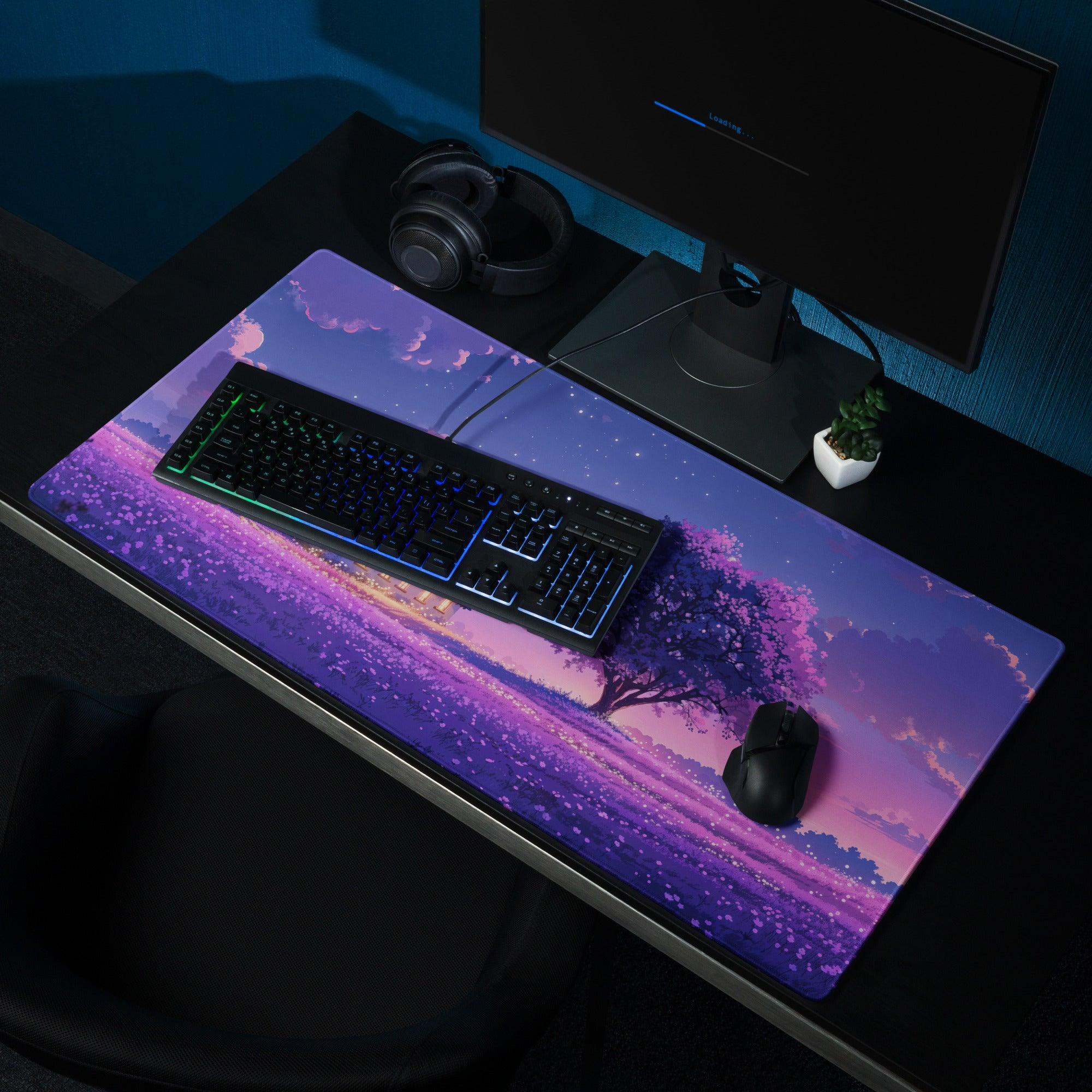 Dreamy purple lavender field night scene gaming mouse pad with starry tree