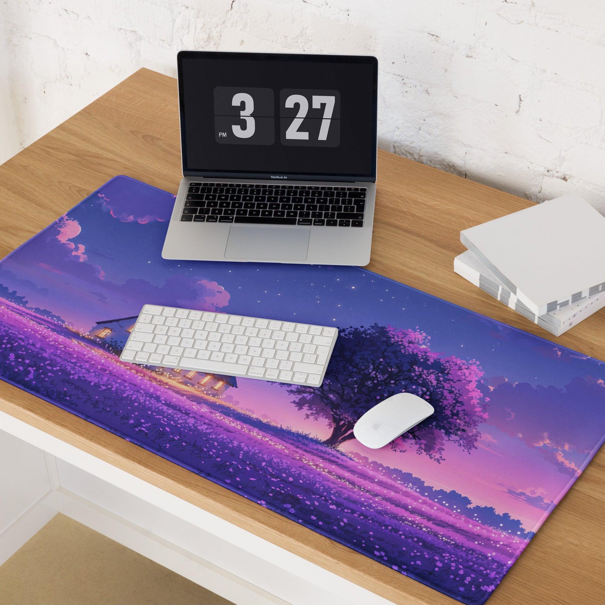 Dreamy purple lavender field night scene anime mousepad with starry sky