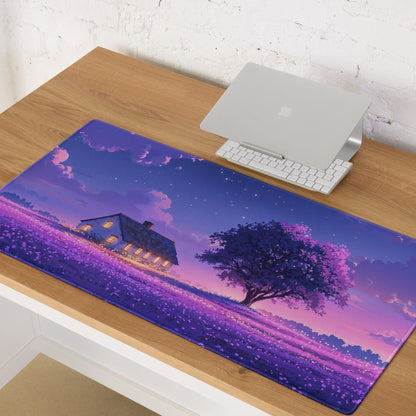 Dreamy purple lavender field night anime mousepad with cozy house, tree, stars