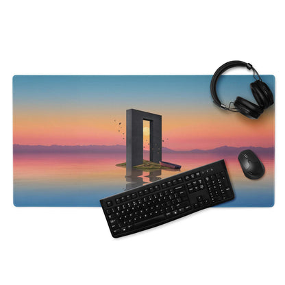 Dreamlike sunset archway mouse pad with surreal island doorway in blue orange pink gradients