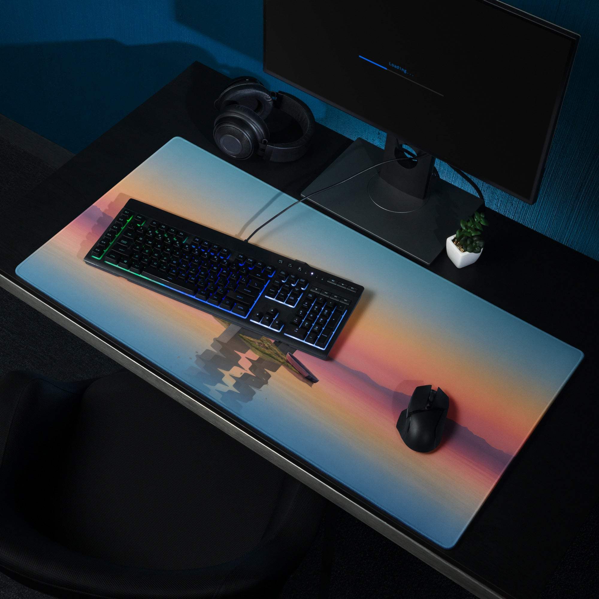 Dreamlike Sunset Archway gaming mouse pad with non-slip surface on dark desk
