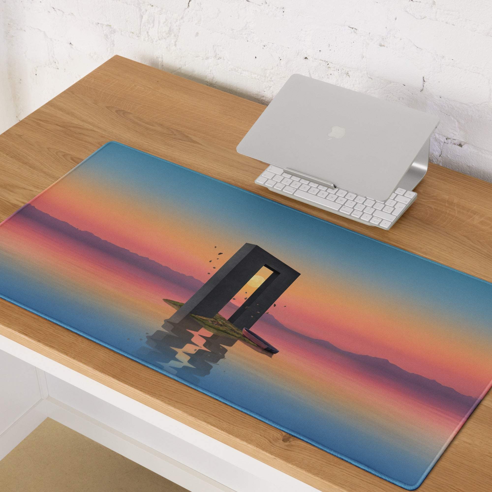 Dreamlike sunset archway gaming mouse pad with orange-blue gradients