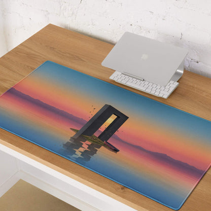 Dreamlike sunset archway gaming mouse pad with orange-blue gradients