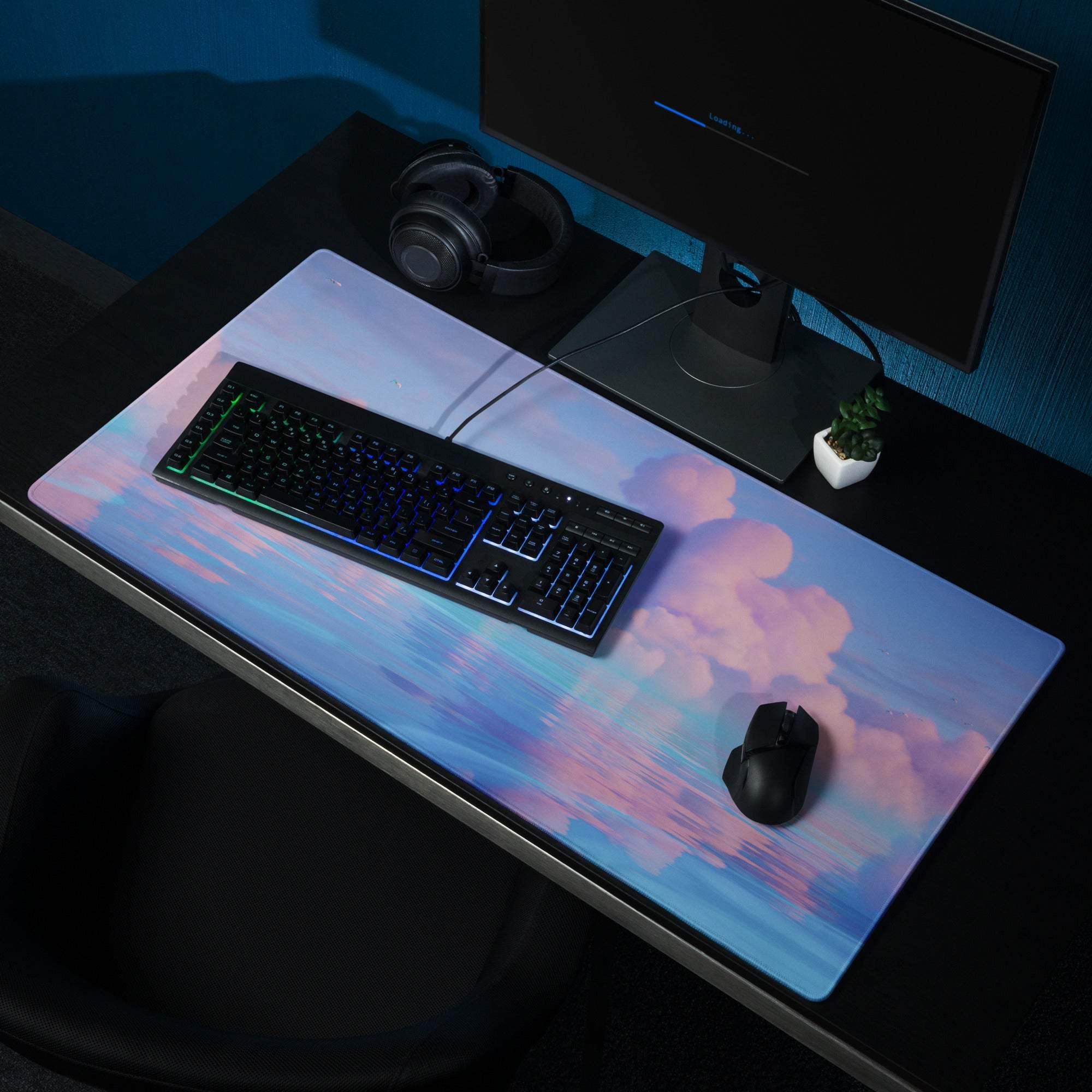 Dreamy pastel ocean sky gaming mouse pad with clouds, non-slip base