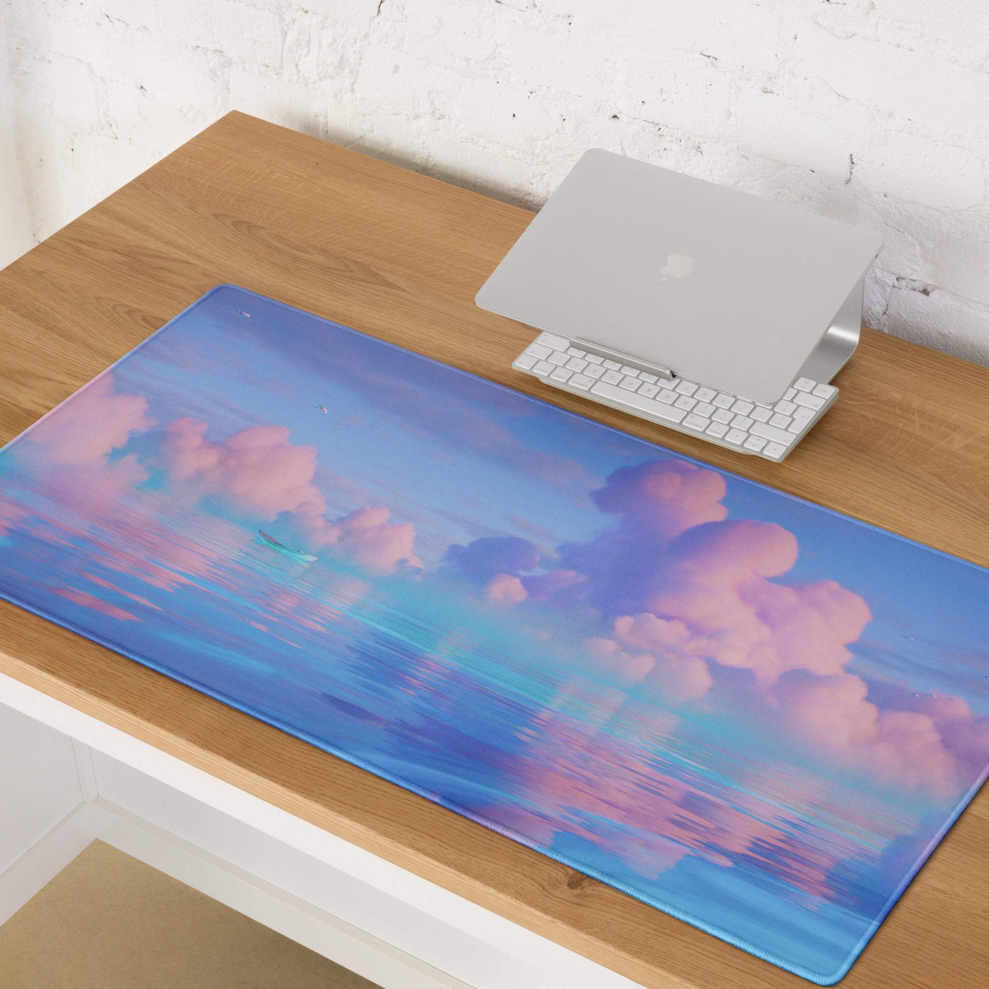Dreamy pastel ocean sky gaming mousepad with clouds, non-slip base, stitched edges