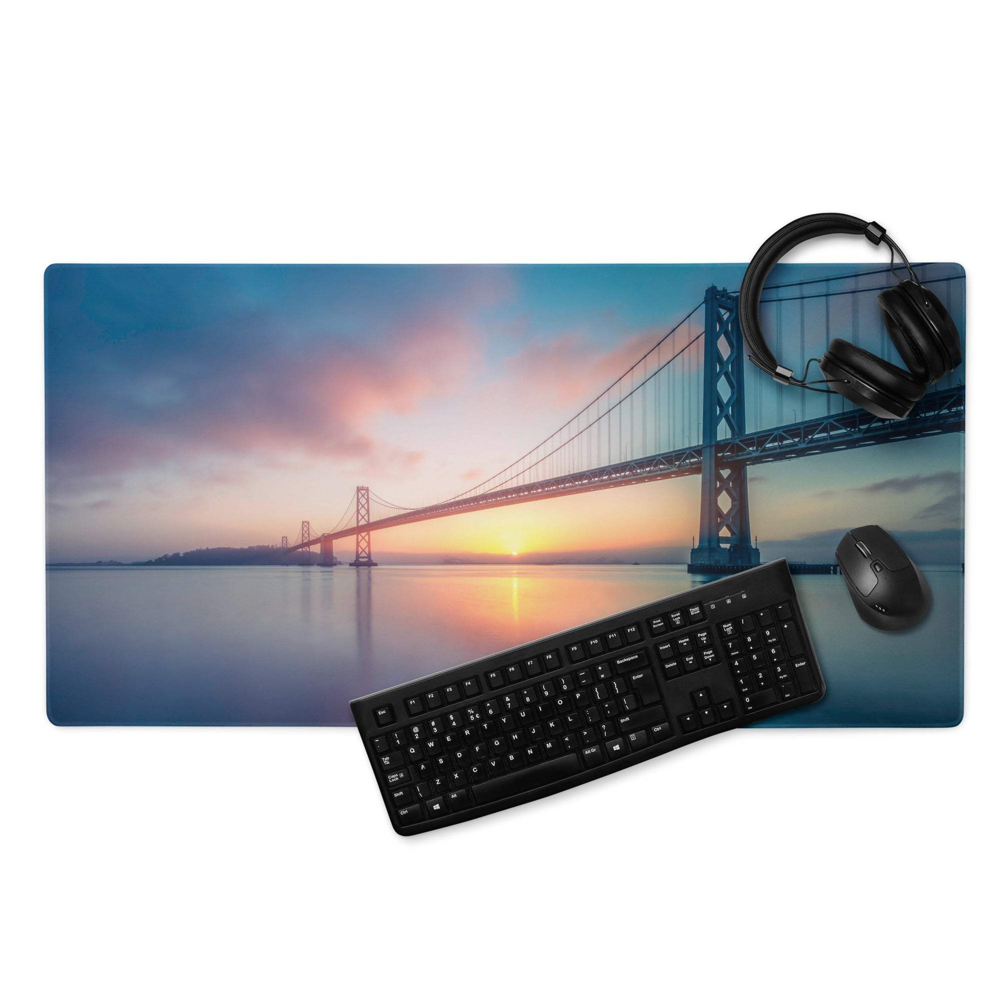 Epic Sunset Bridge gaming mouse pad with non-slip base and stitching
