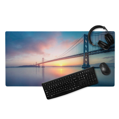 Epic Sunset Bridge gaming mouse pad with non-slip base and stitching