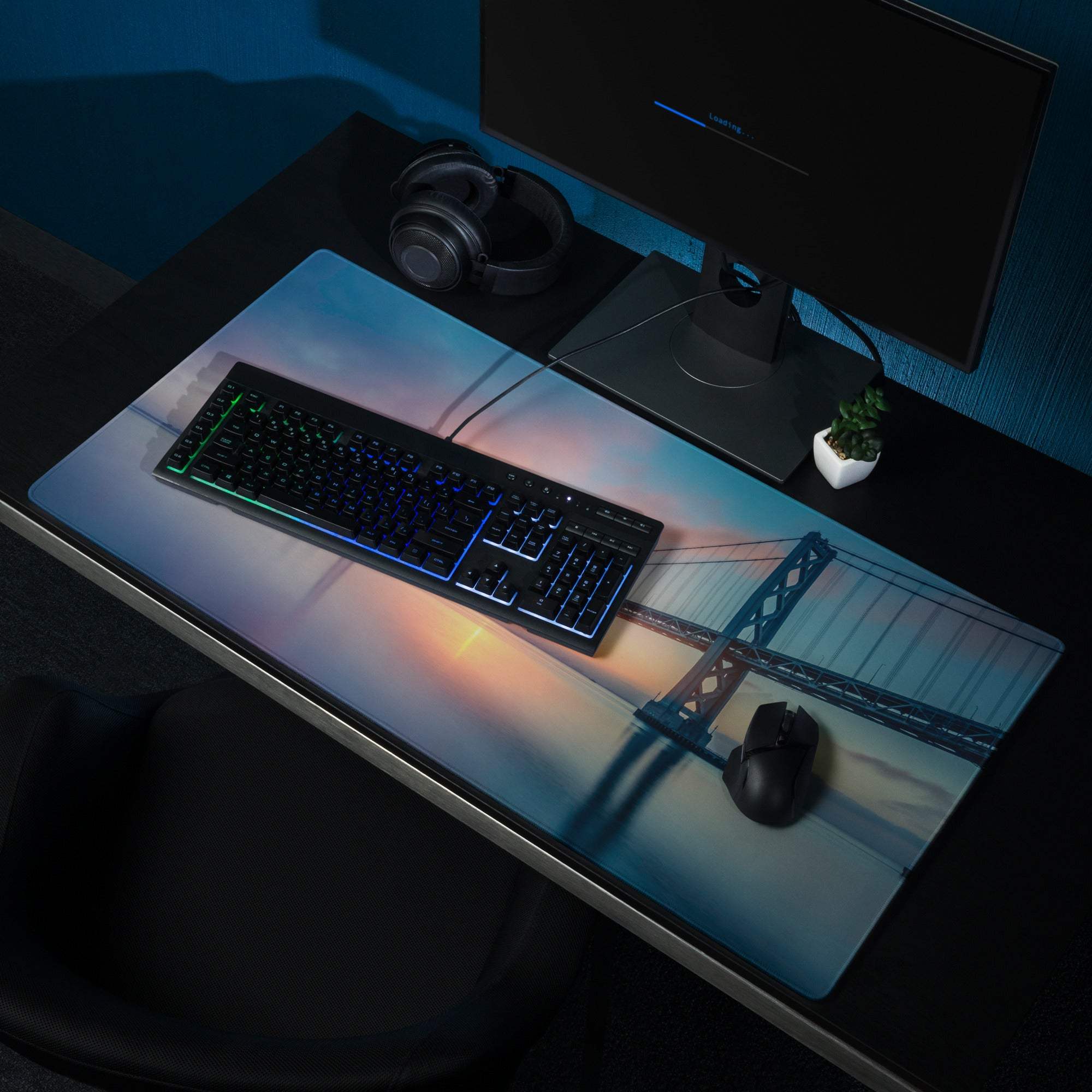 Epic Sunset Bridge gaming mouse pad with non-slip base and stitching