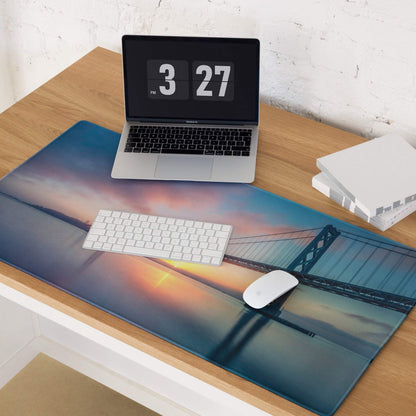 Blue and orange sunset bridge gaming mouse pad with non-slip base