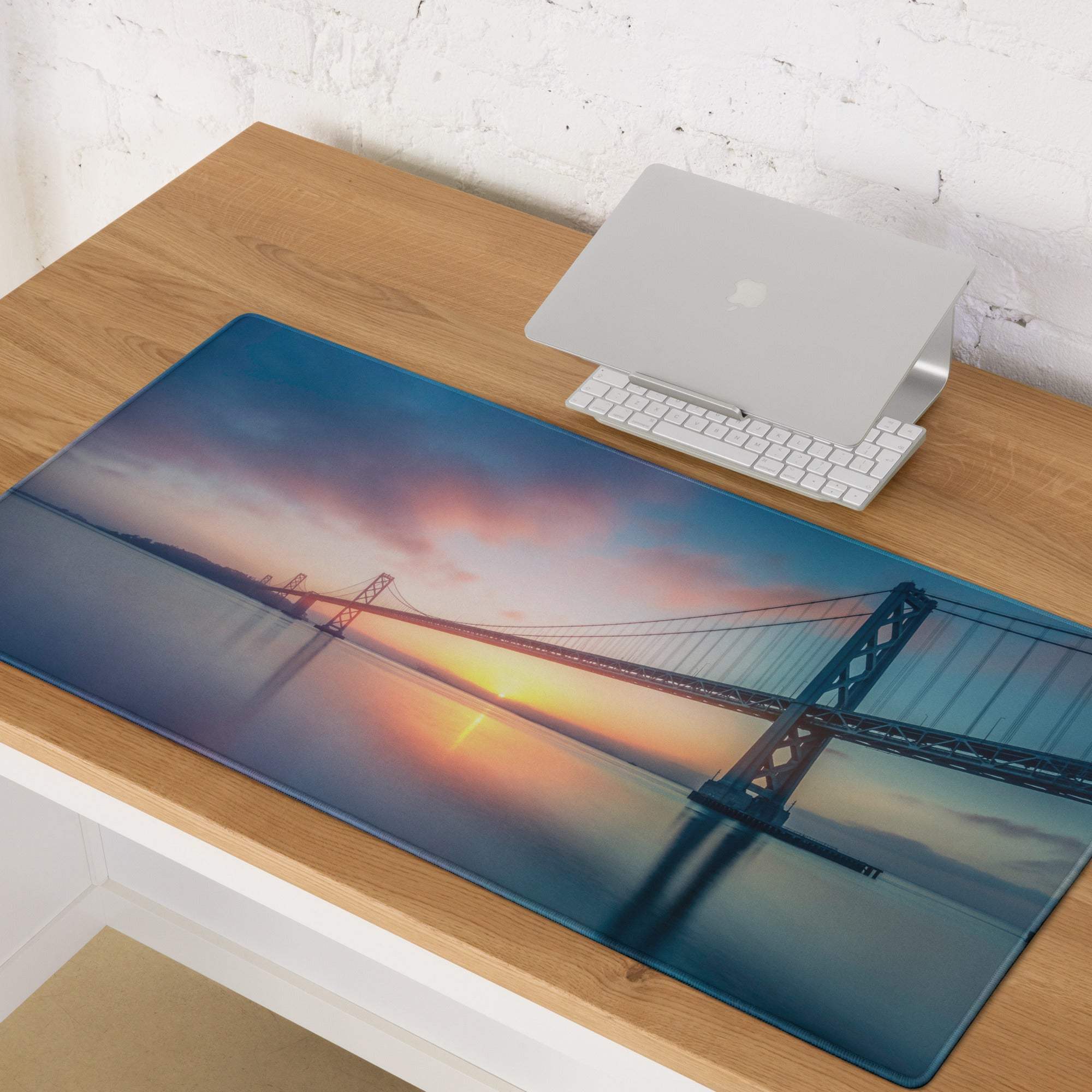 Epic Sunset Bridge gaming mouse pad with non-slip base and edge stitching