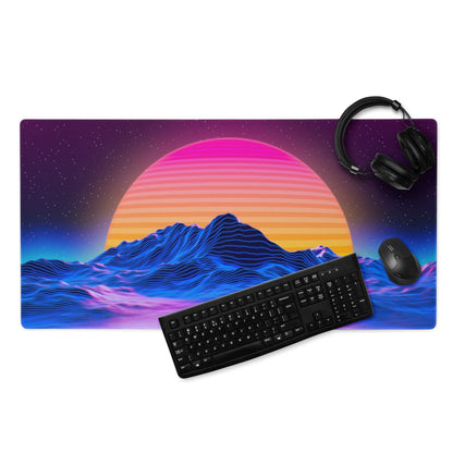 Vibrant neon sunset over blue mountains gaming mouse pad with non-slip base