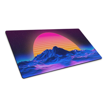 Vibrant neon sunset mountain gaming mousepad with non-slip base