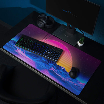 Vibrant neon sunset ocean waves retro gaming mouse pad with non-slip base