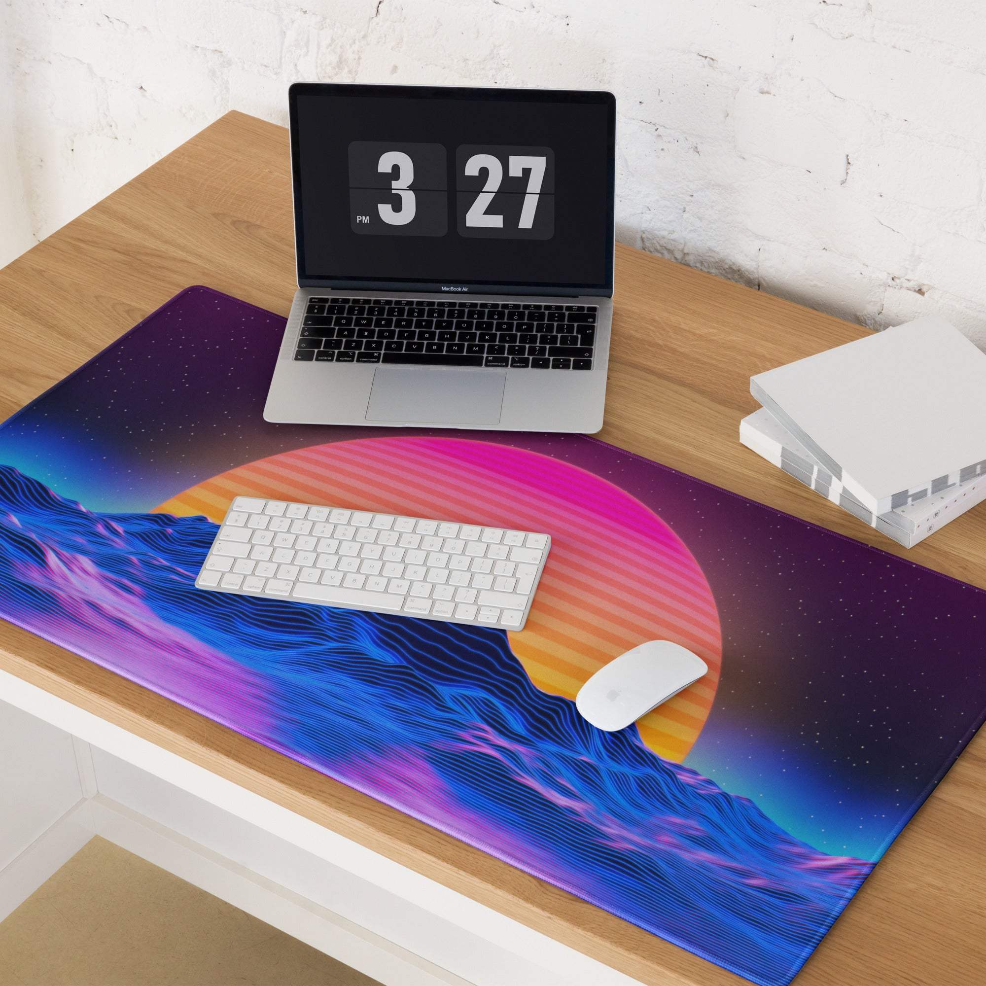 Vibrant retro-futuristic Neon Sunset Mountain gaming mousepad with non-slip base