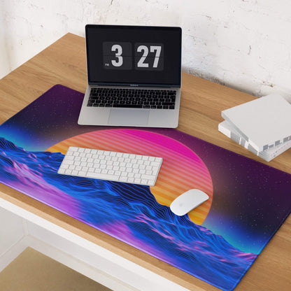 Vibrant retro-futuristic Neon Sunset Mountain gaming mousepad with non-slip base