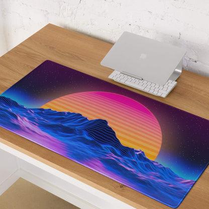 Neon Sunset Mountain gaming mouse pad with non-slip base and stitched edges