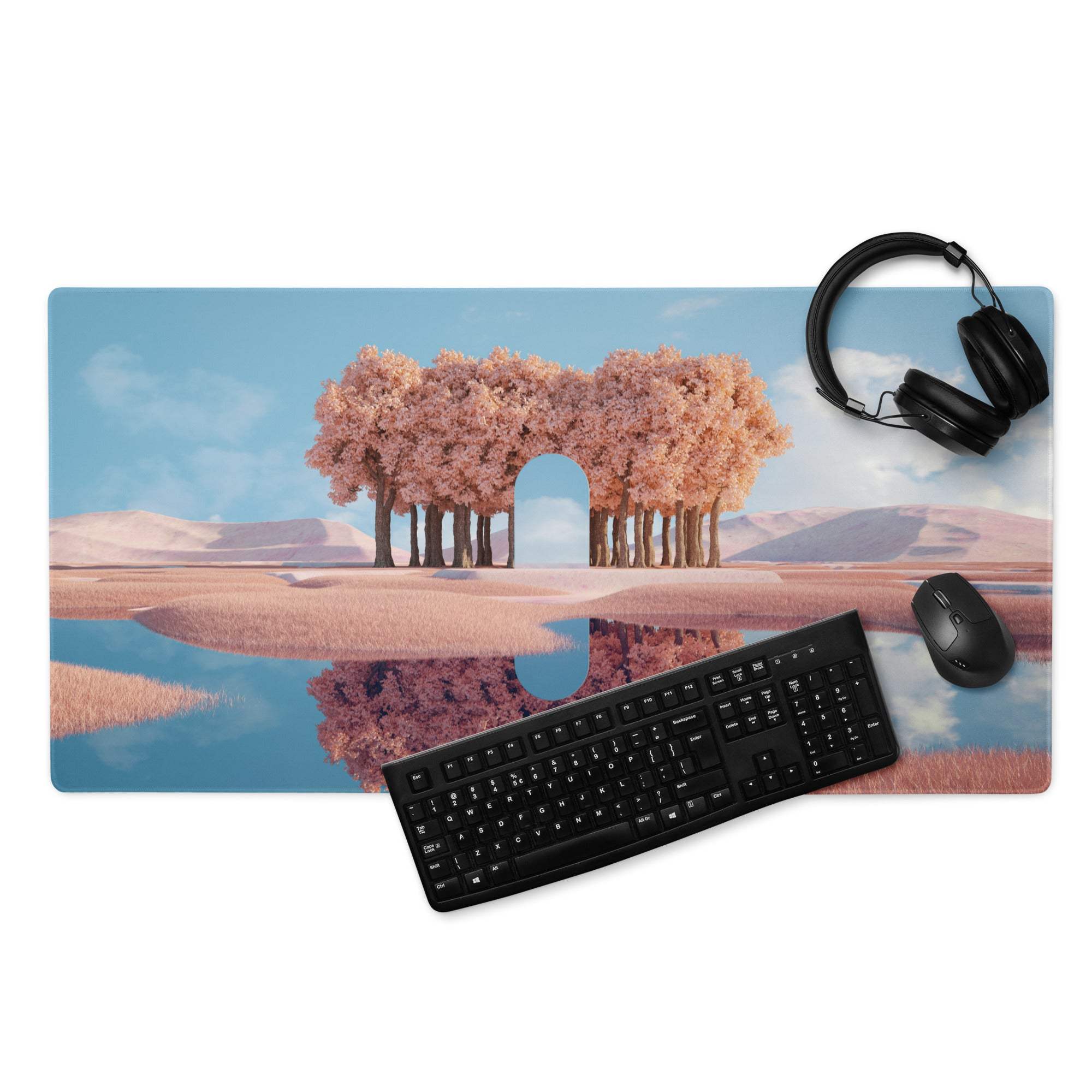 Dreamy pink tree landscape gaming mouse pad with surreal archway and mirrored water