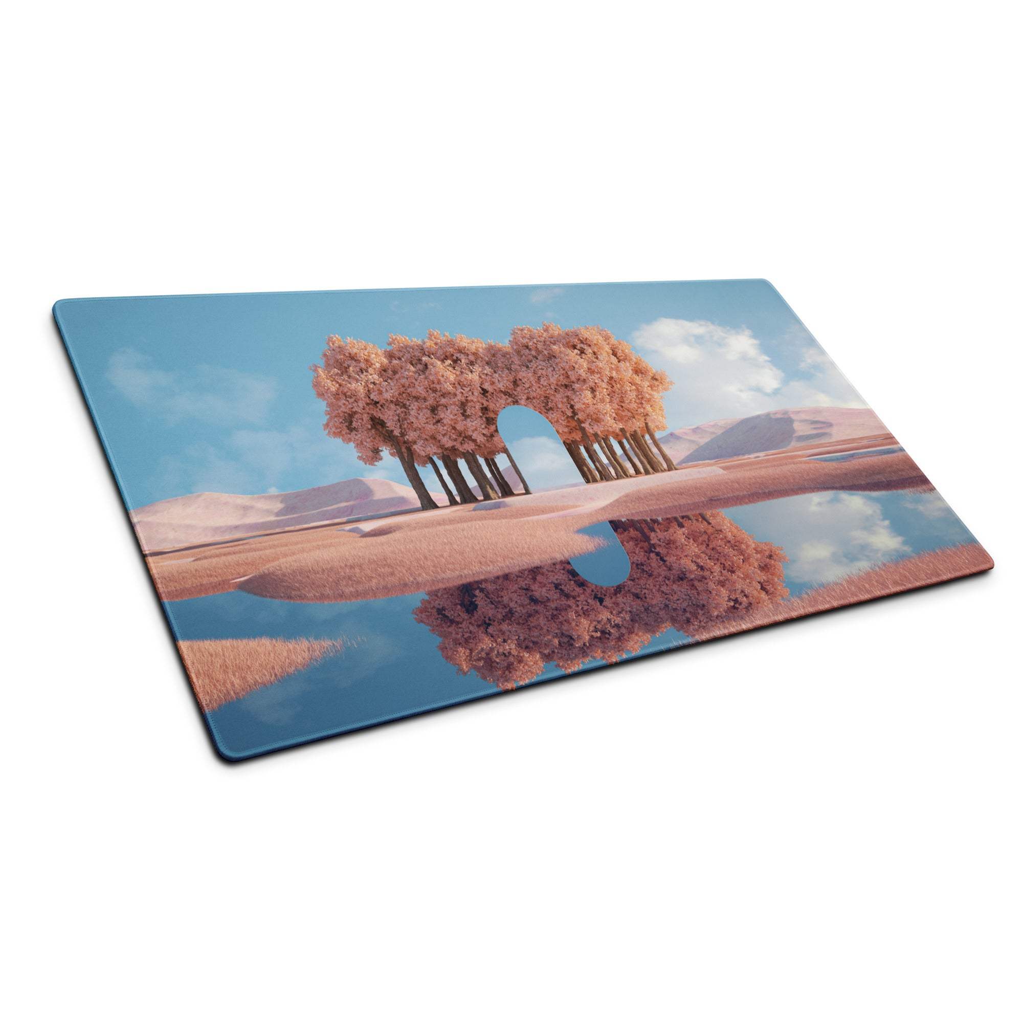 Dreamy pink tree landscape gaming mouse pad with serene arch over calm water