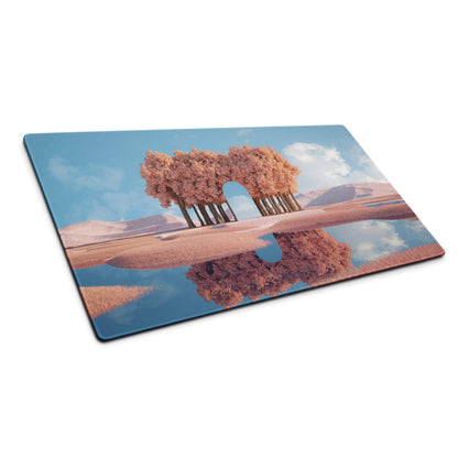 Dreamy pink tree landscape gaming mouse pad with serene arch over calm water
