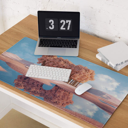 Blue rectangular mousepad with dreamy pink tree landscape design