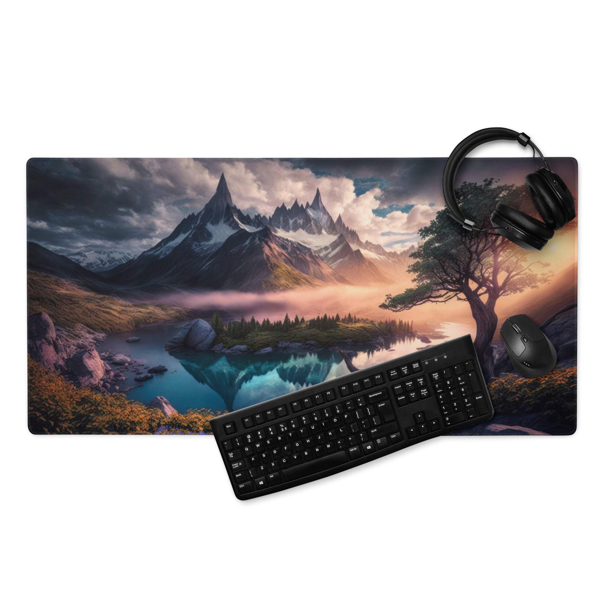 Epic mountain landscape gaming mouse pad with non-slip base and edge stitching