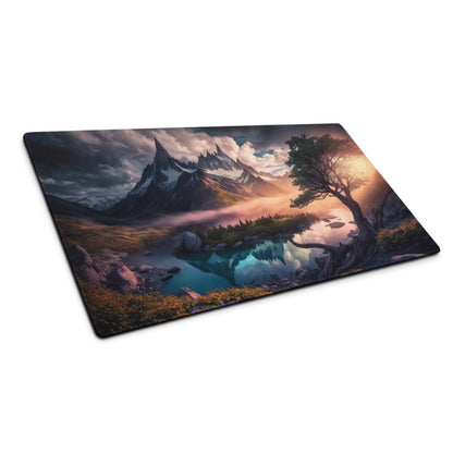 Epic Mountain Landscape gaming mouse pad with non-slip base and edge stitching