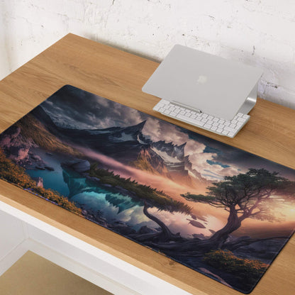 Epic mountain landscape gaming mousepad with dramatic sunset, non-slip base