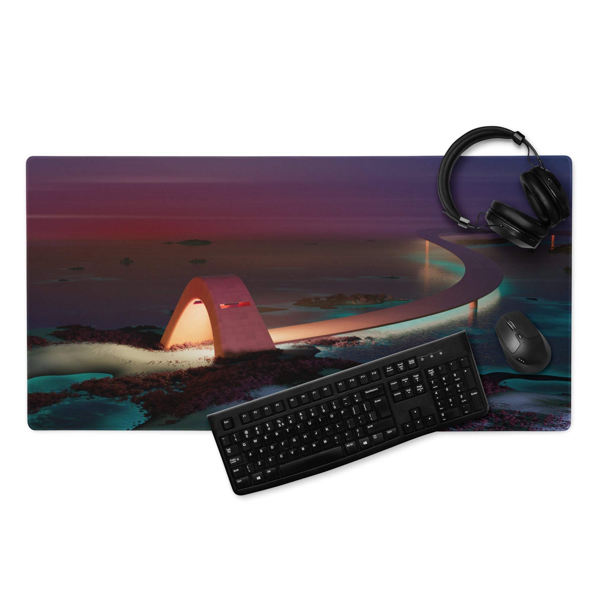 Large Dreamy Sunset Bridge gaming mouse pad with futuristic coastal scene