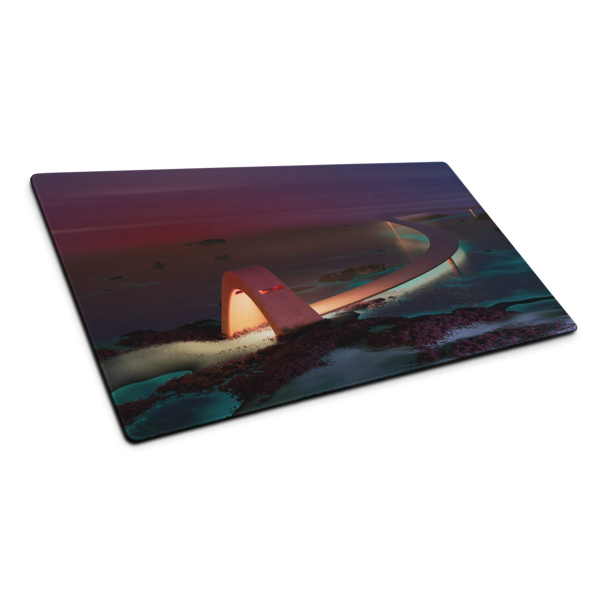 Rectangular glass cutting board with vibrant sunset bridge over turquoise water