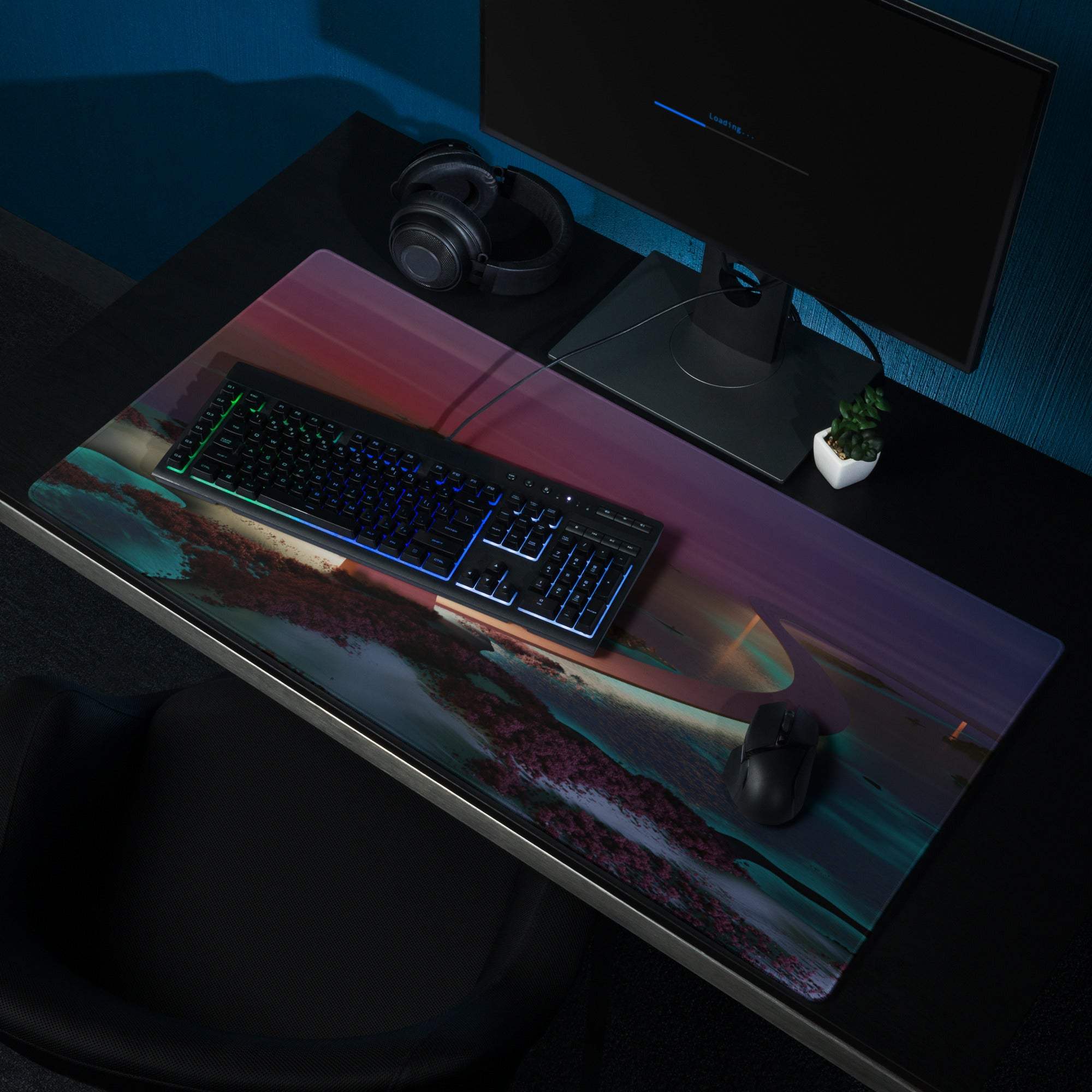 Dreamy Sunset Bridge large gaming mouse pad with vibrant purple teal red gradients