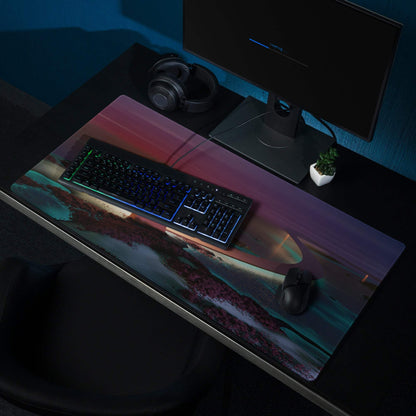 Dreamy Sunset Bridge large gaming mouse pad with vibrant purple teal red gradients