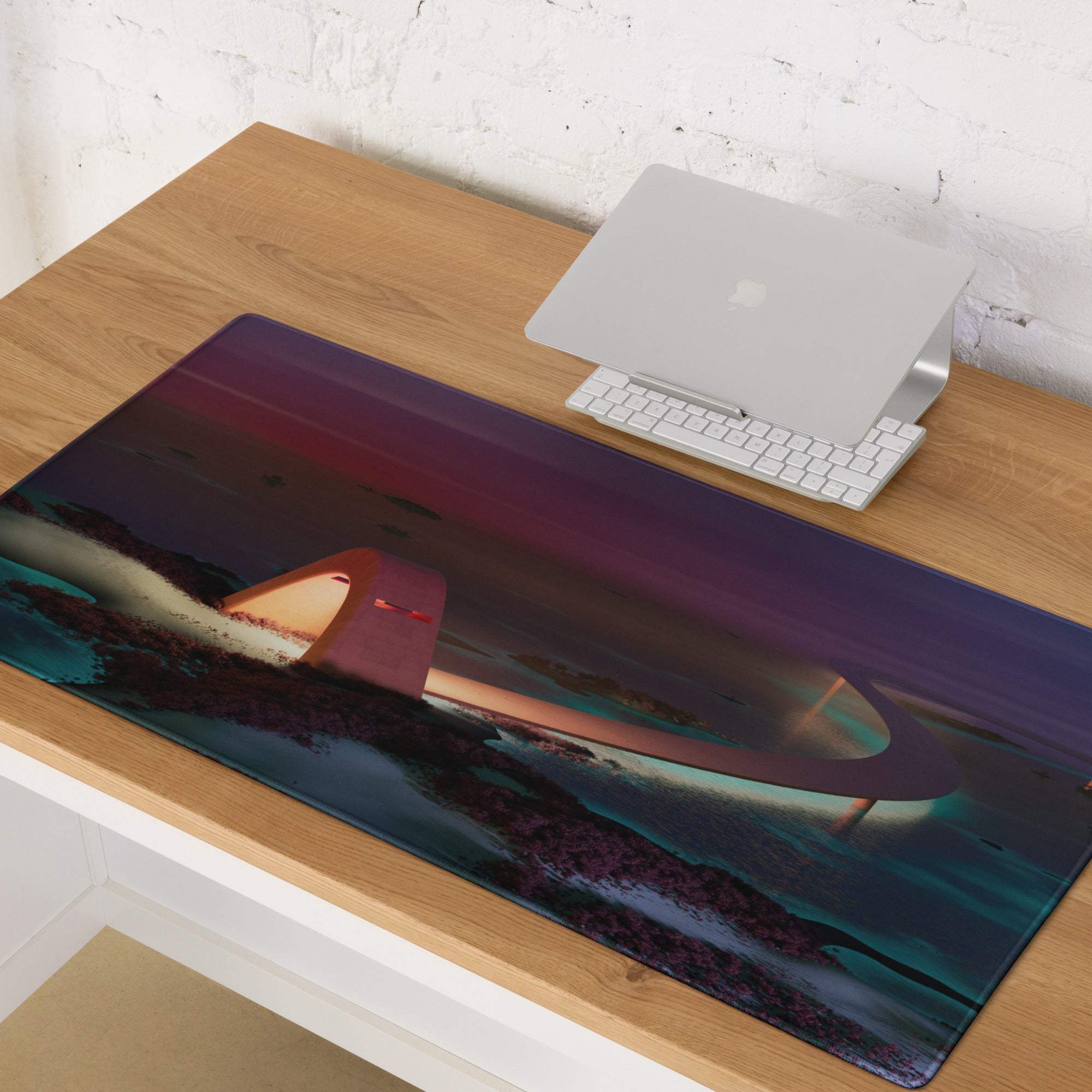 Dreamy sunset bridge gaming mouse pad with illuminated modernist twilight design