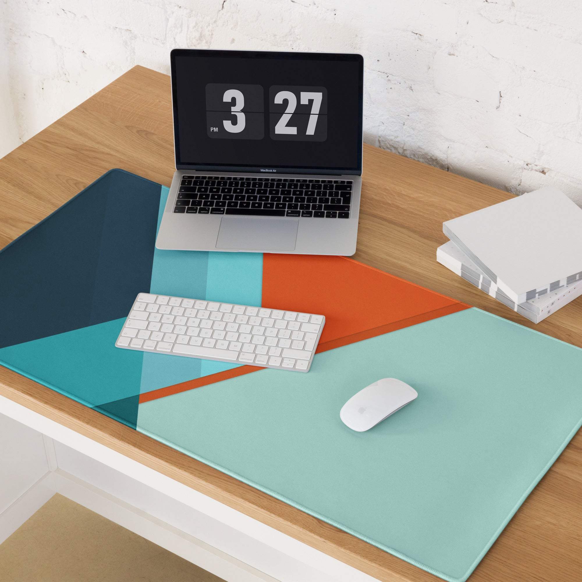 Geometric abstract modern mouse pad in teal, orange, navy blue
