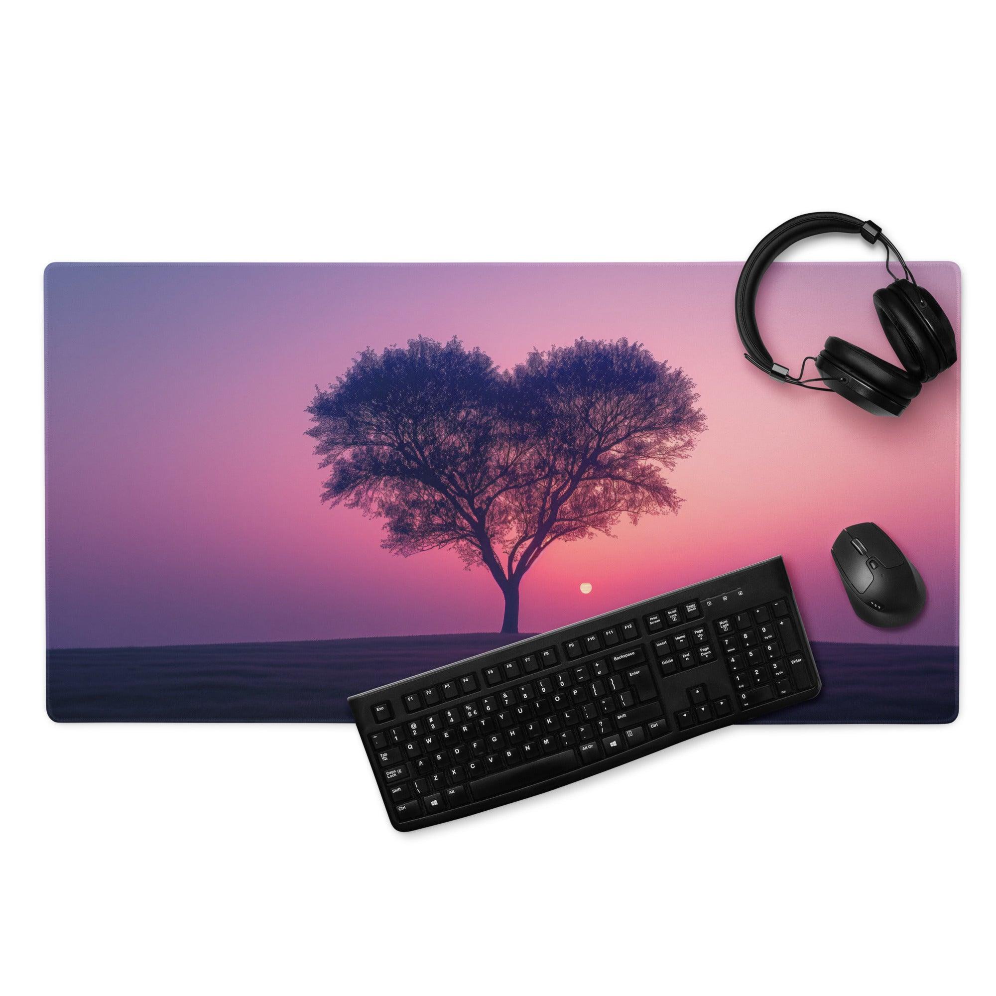 Dreamy sunset tree heart silhouette gaming mouse pad, large stitched non-slip