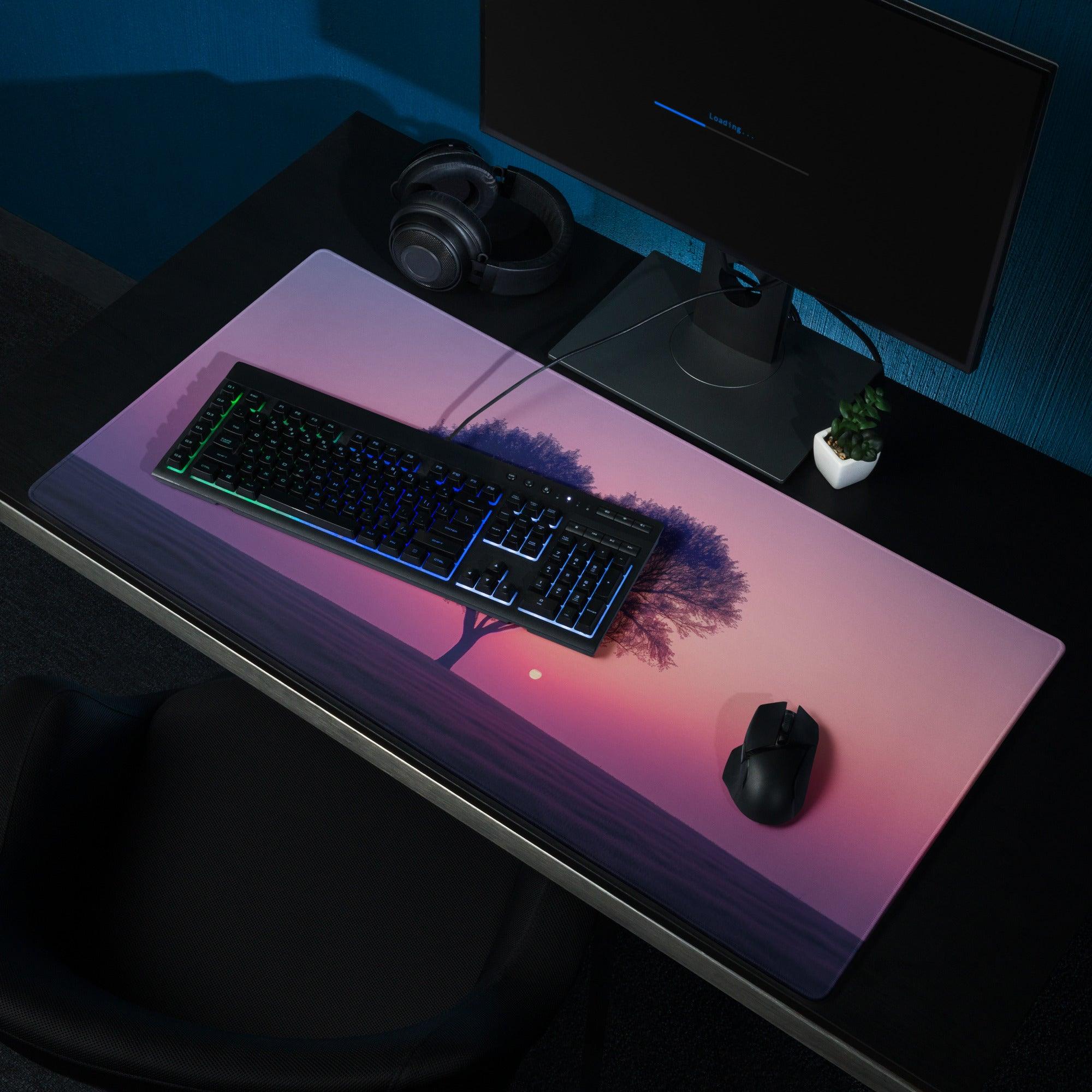 Dreamy sunset tree gaming mouse pad with large size, edge stitching, non-slip base