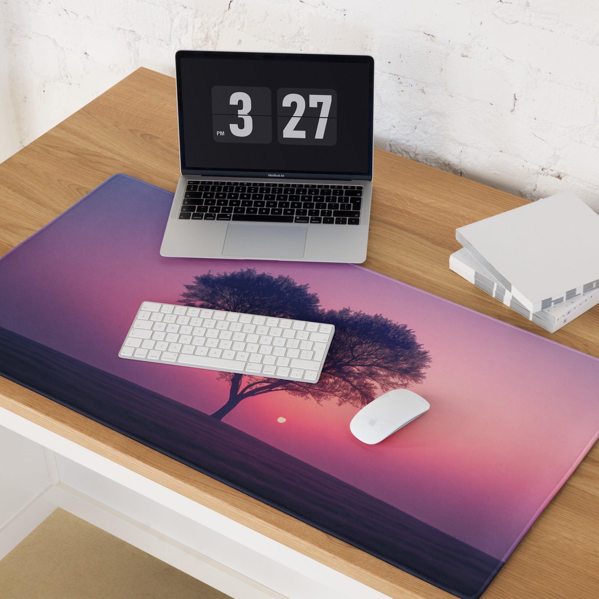 Purple pink gradient tree silhouette sunset gaming mouse pad