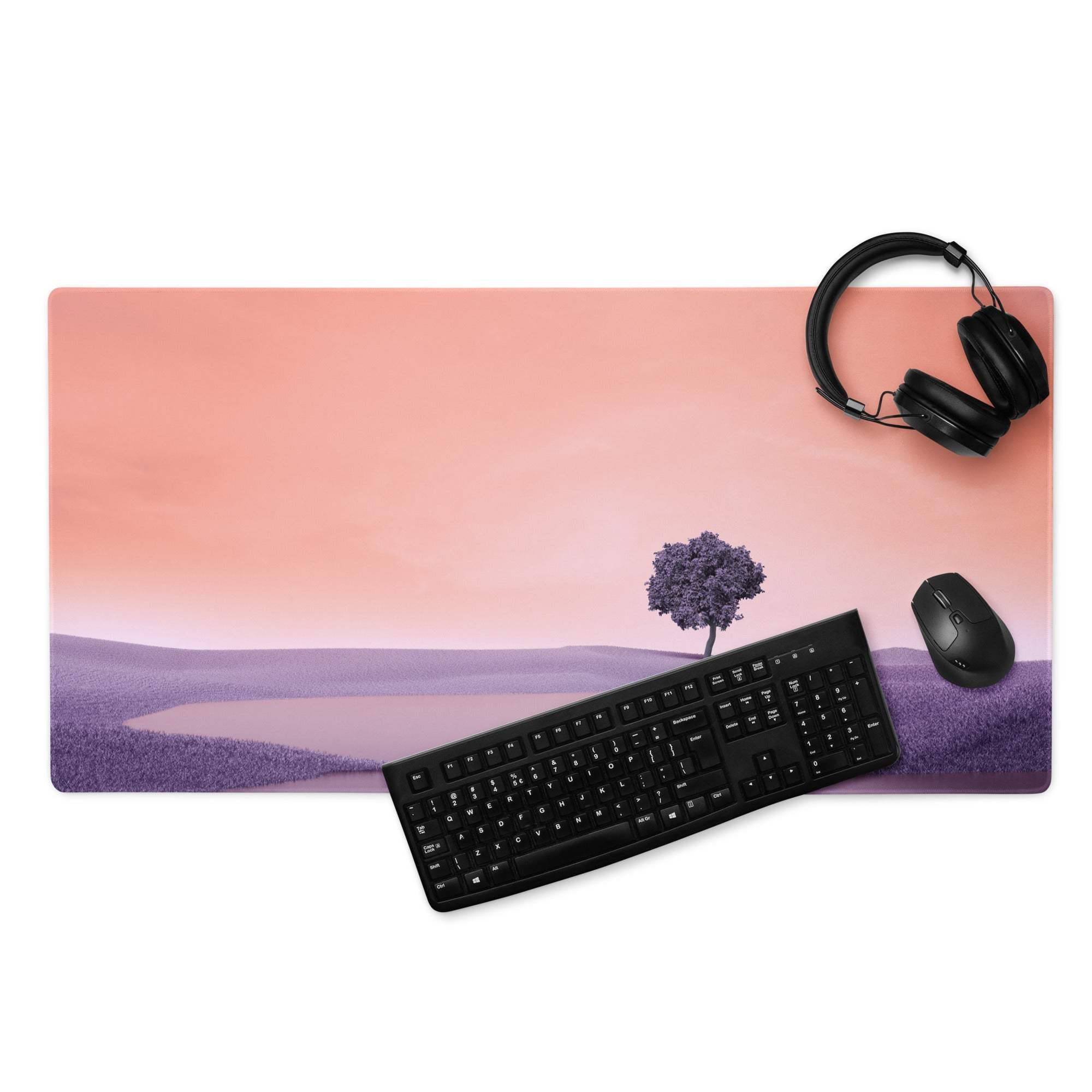 Dreamy pastel purple sunset landscape gaming mouse pad with hills and tree