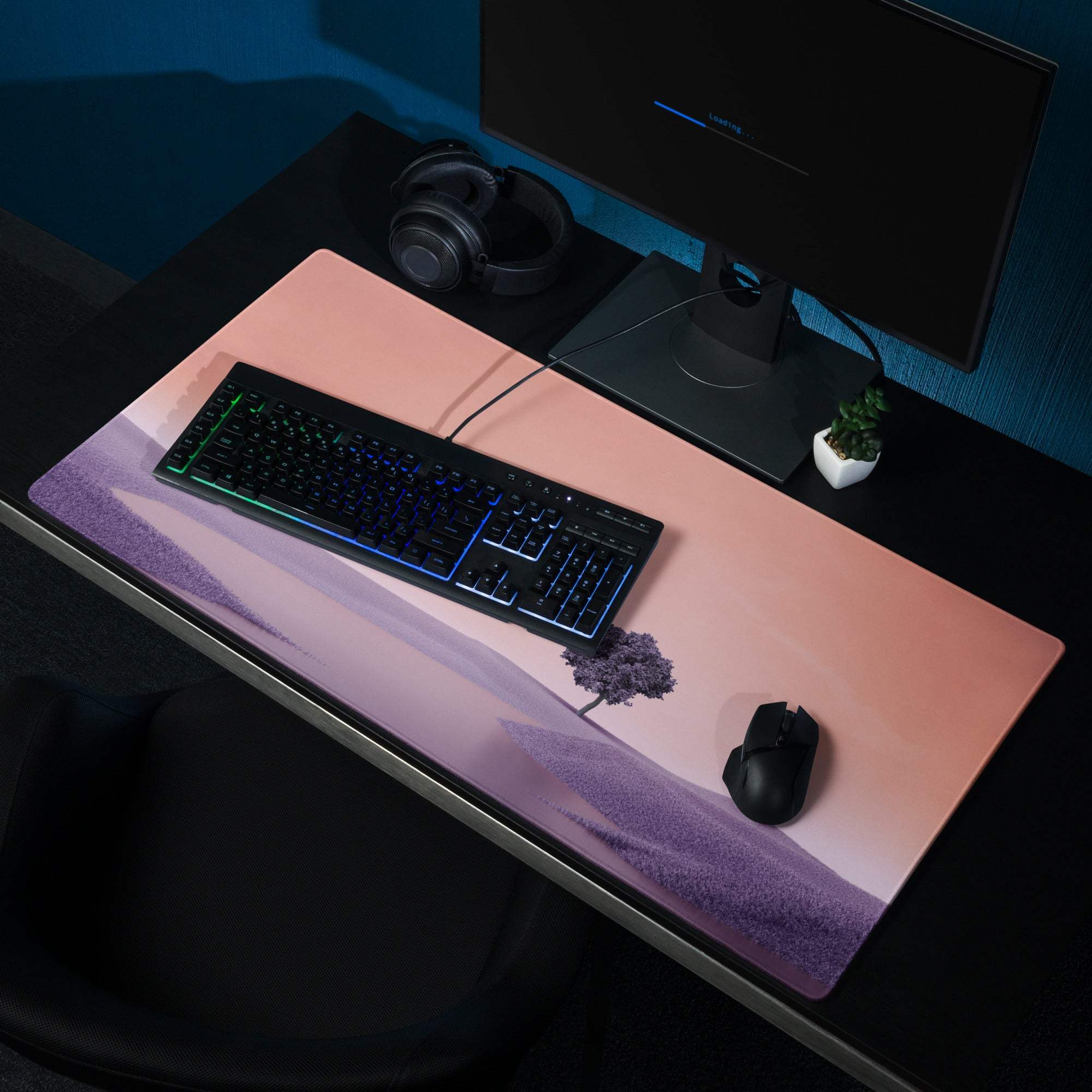 Pink purple gradient desk mat with minimalist tree landscape, large gaming mouse pad