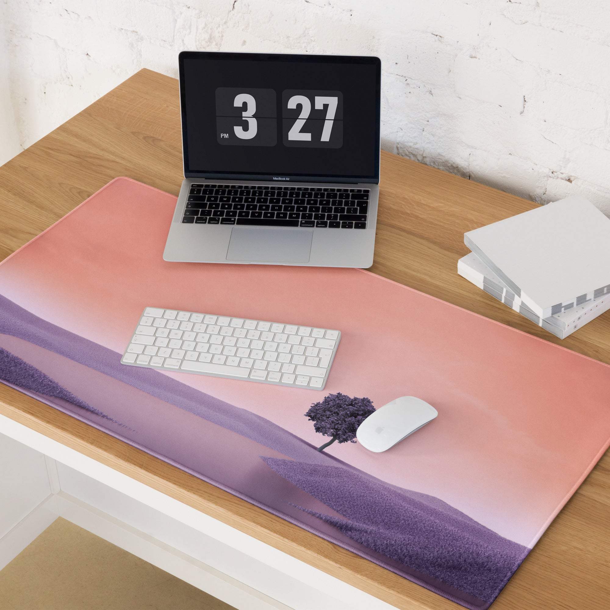 Dreamy pastel purple sunset landscape mousepad with solitary tree on hills