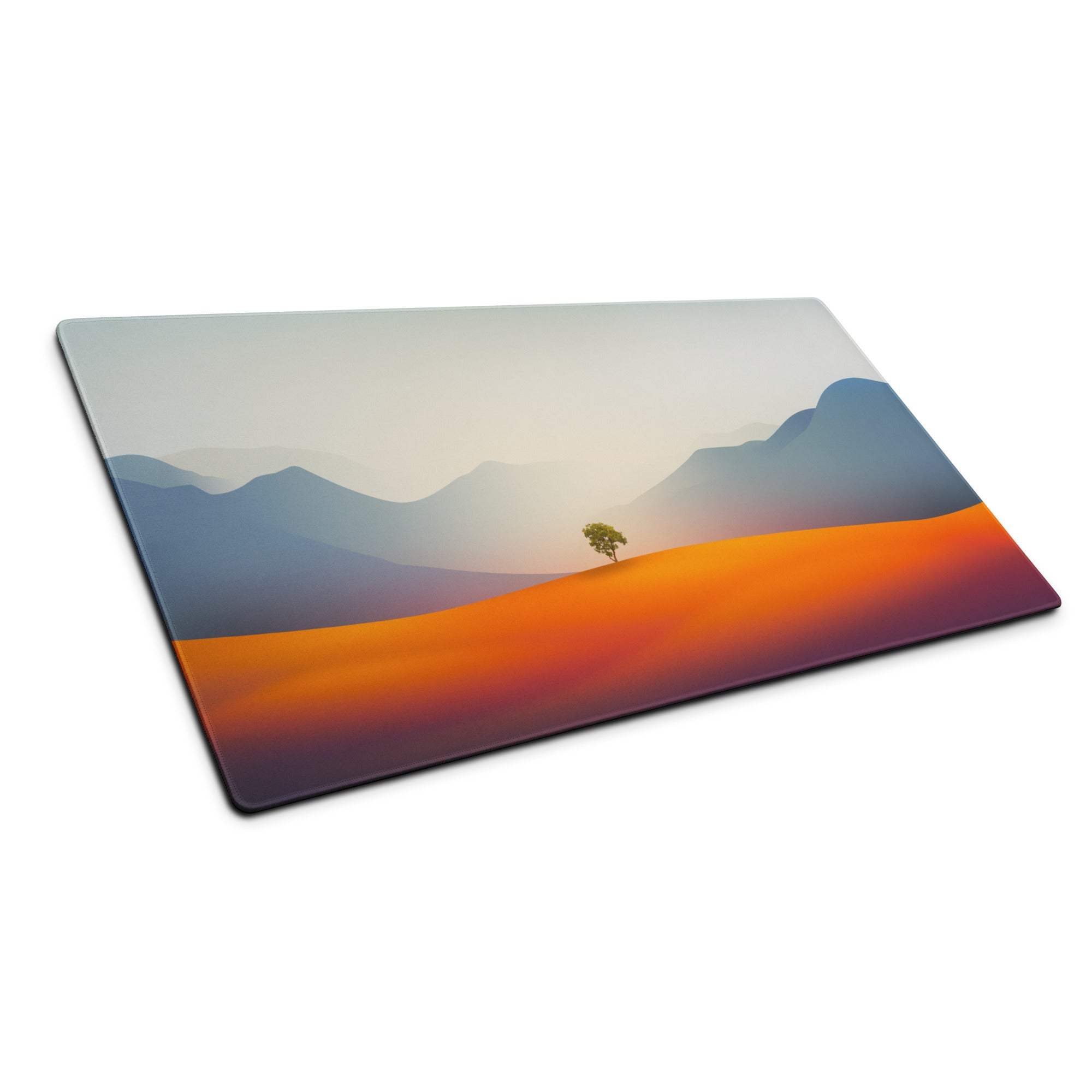 Calm landscape glass cutting board with sunset mountains, tree, non-slip base