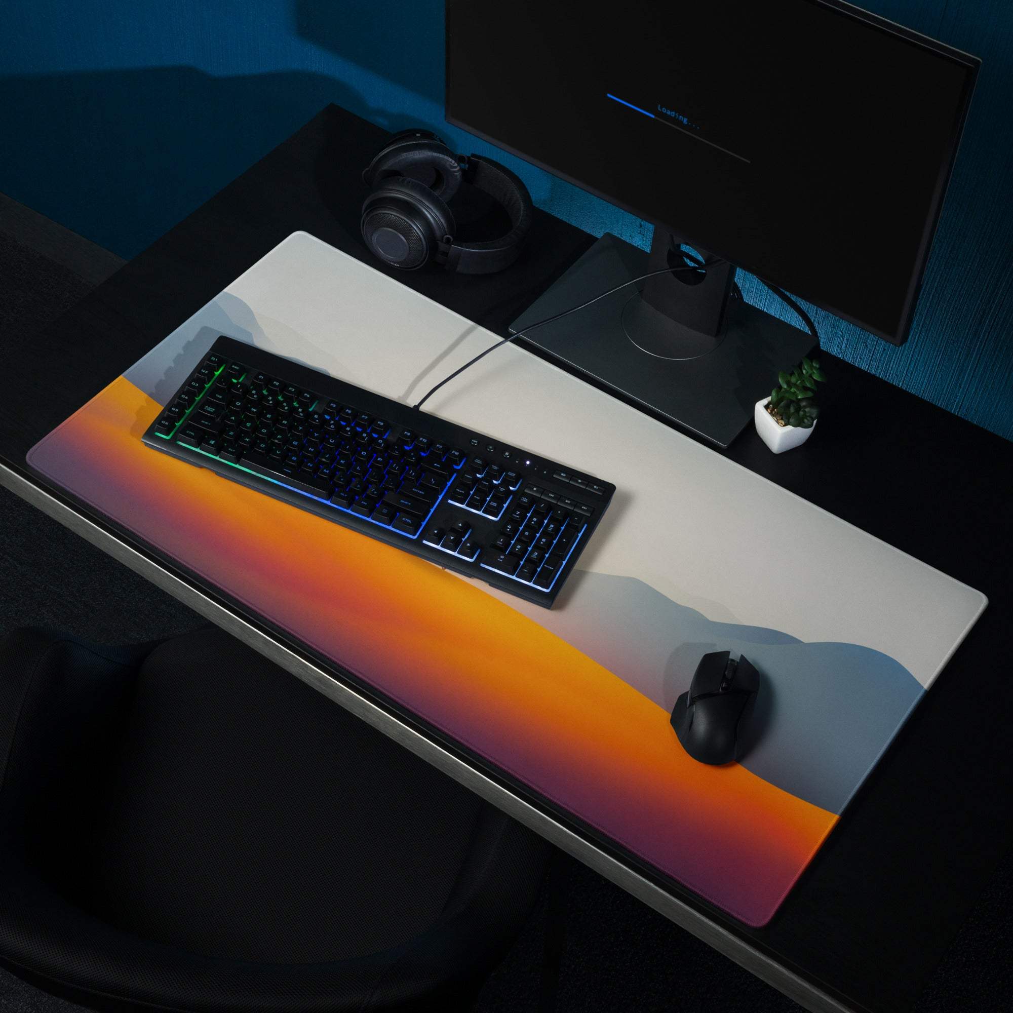 Calm landscape sunset gaming mouse pad with orange-purple gradient, non-slip base, edge stitching
