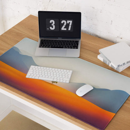 Calm landscape sunset mouse pad with orange-blue mountains, non-slip base, stitching