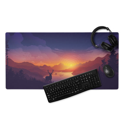 Tranquil purple mountain sunset gaming mouse pad with deer silhouette