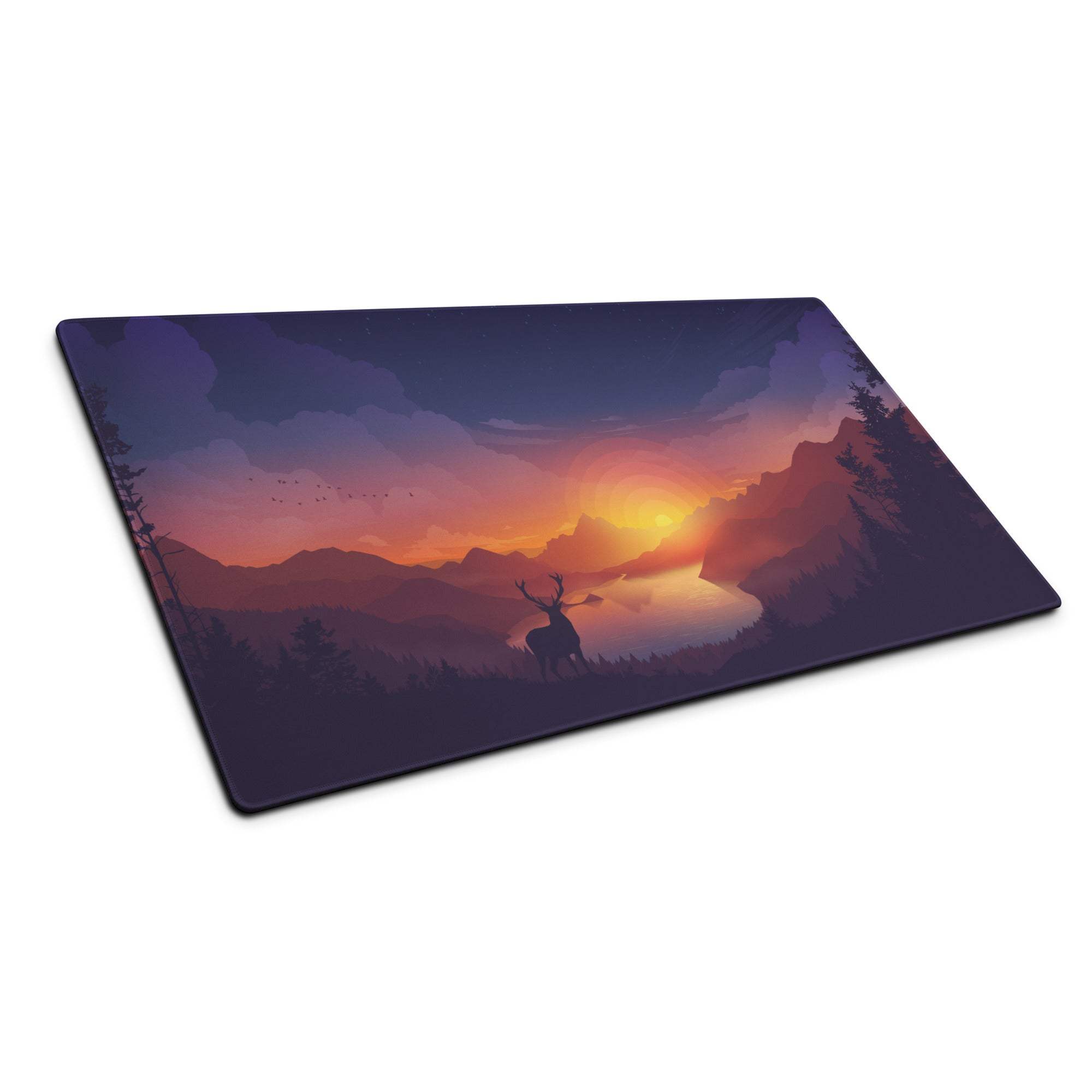 Tranquil purple mountain sunset gaming mouse pad with deer silhouette