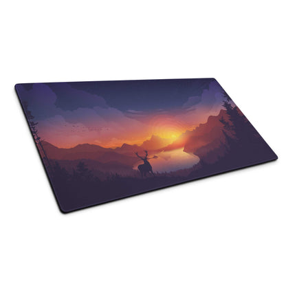 Tranquil purple mountain sunset gaming mouse pad with deer silhouette
