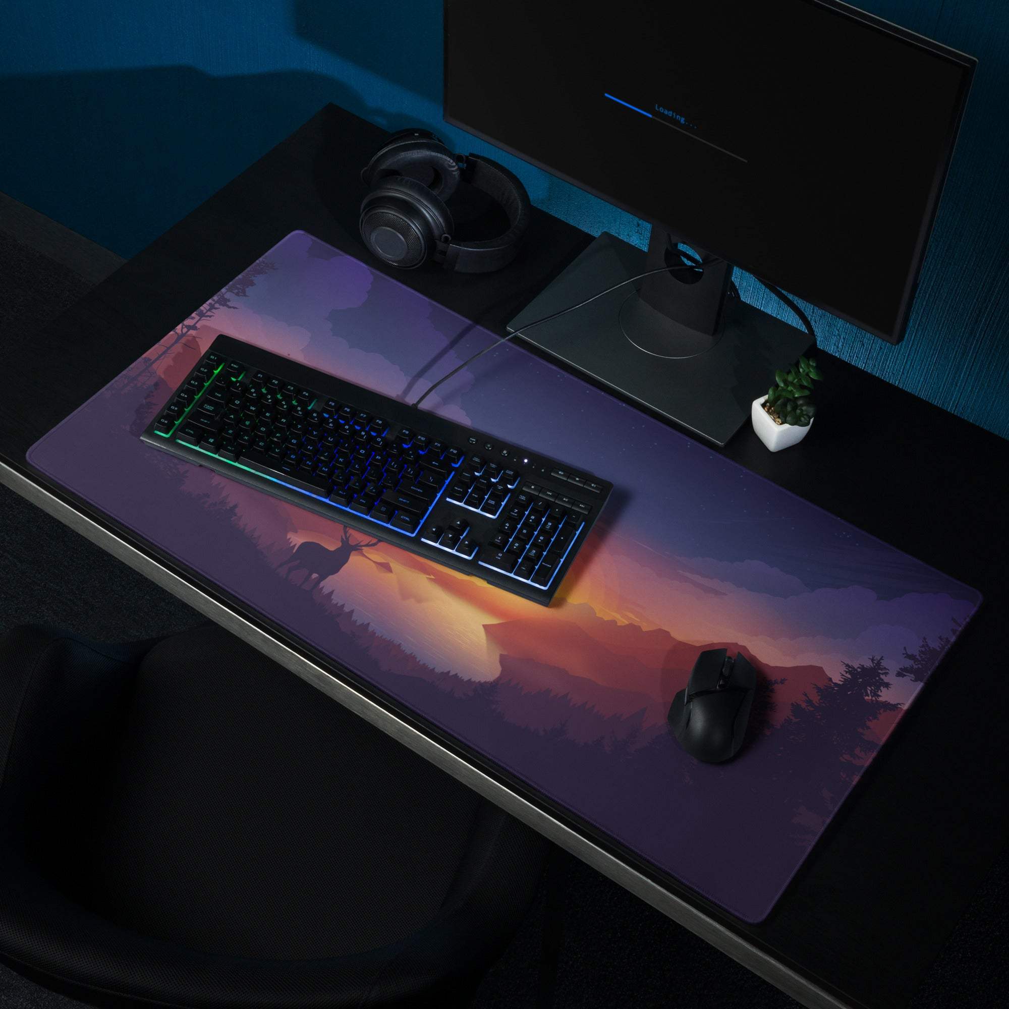 Tranquil purple mountain sunset gaming mouse pad with non-slip base