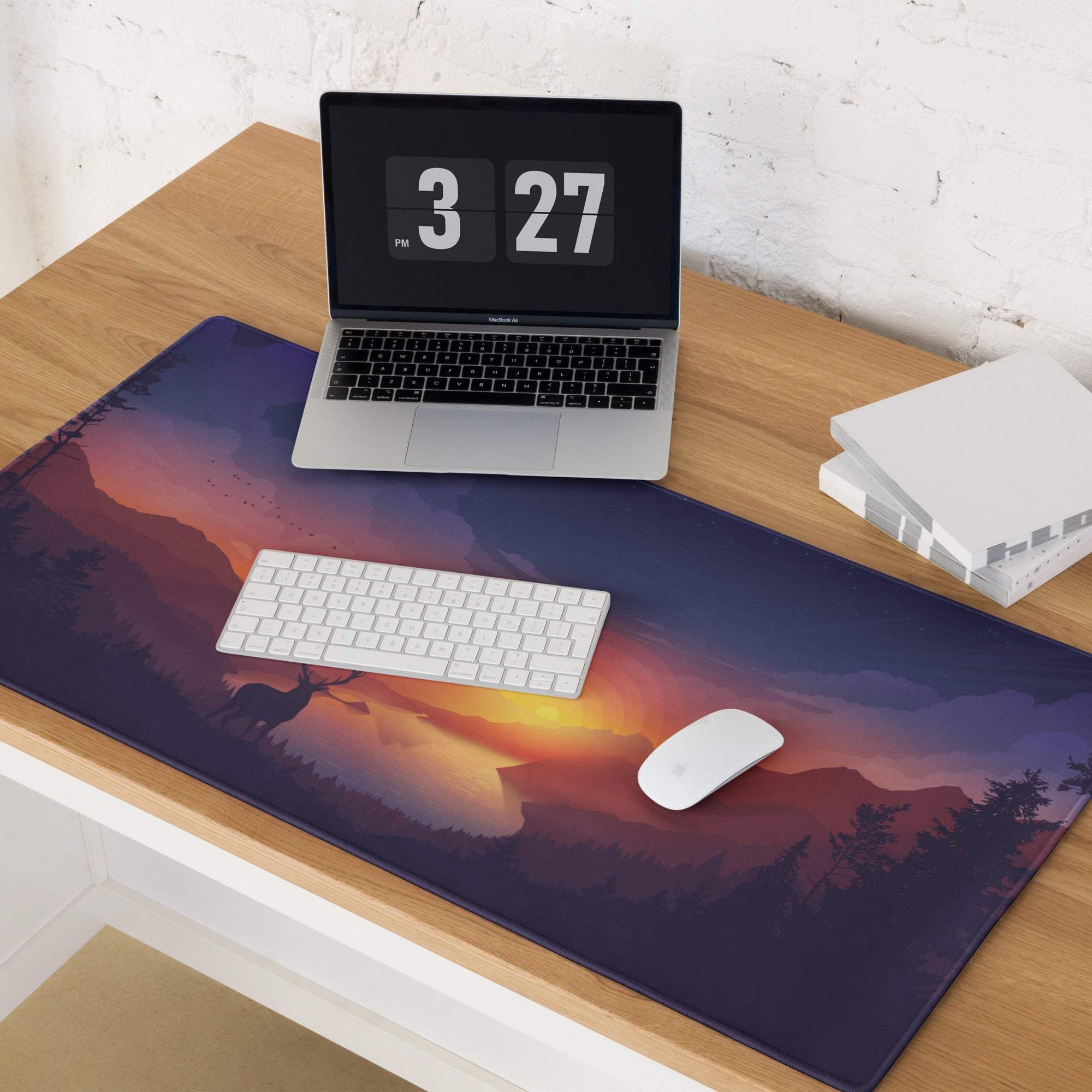 Tranquil purple mountain sunset gaming mouse pad with non-slip base